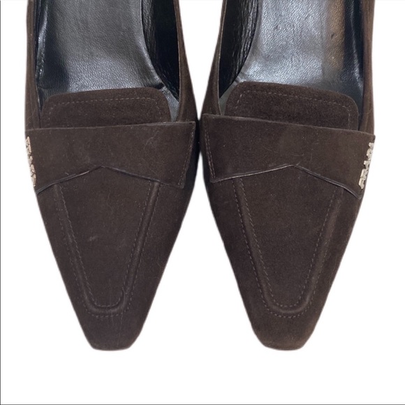 98. Prada NWT Brown Suede Square Pointed Toe Logo Pump 36 - Picture 2 of 9